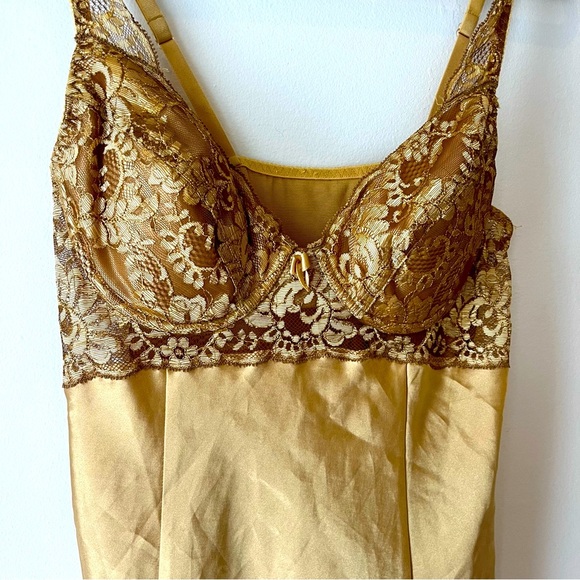 Vintage Victoria’s Secret Gold Satin Slip Dress M | Lace Bust Coquette Y2K - Picture 2 of 13